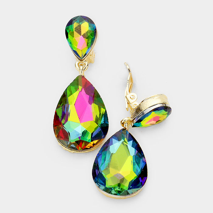 Multi-color Crystal Double Teardrop Clip On earrings