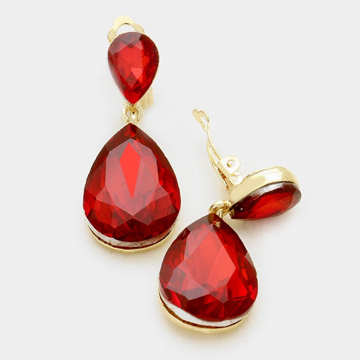 Red Crystal Double Teardrop Clip On earrings