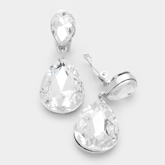 Clear Glass crystal double teardrop clip on earrings