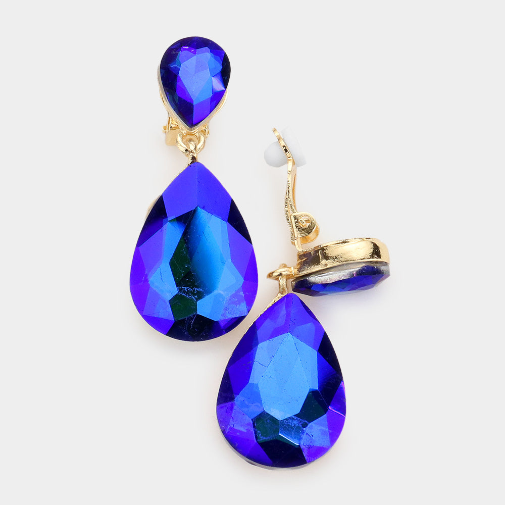 Little Girls Blue/AB Clip on Teardrop Earrings