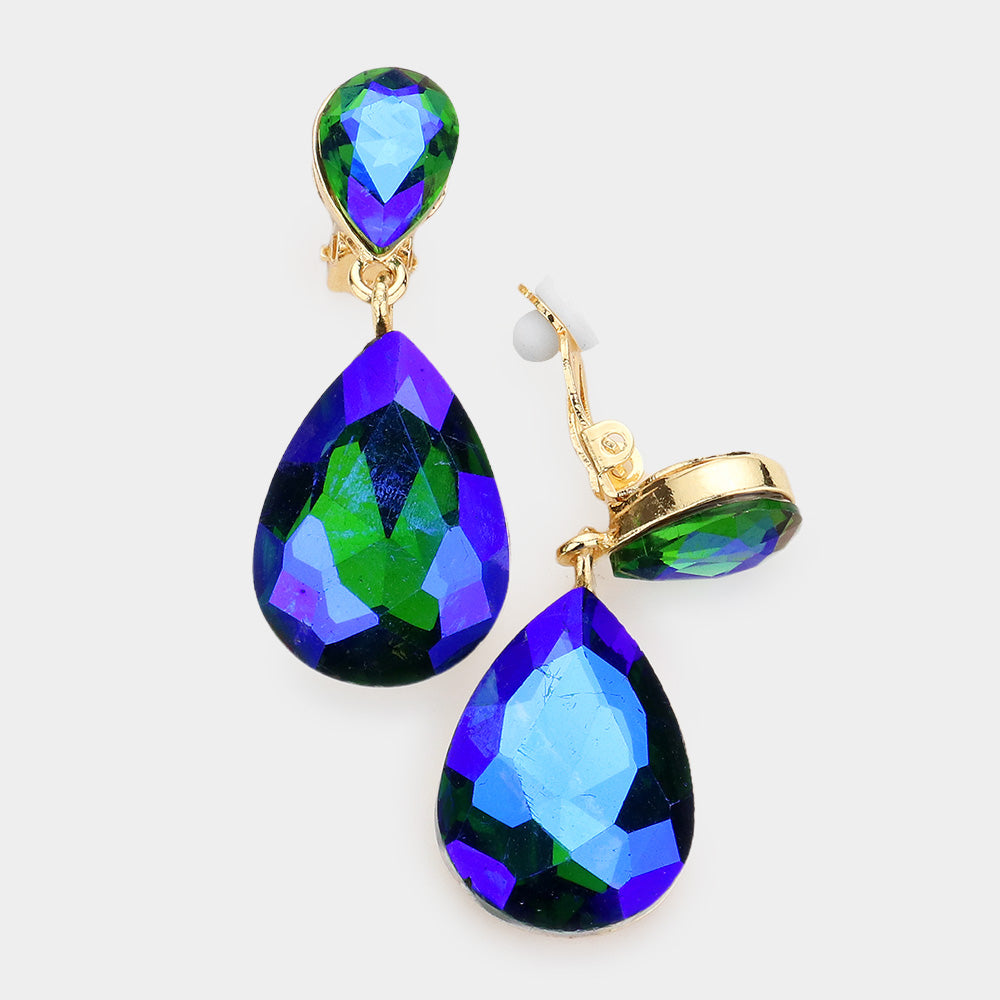 Little Girls Clip on Green/AB Teardrop Earrings