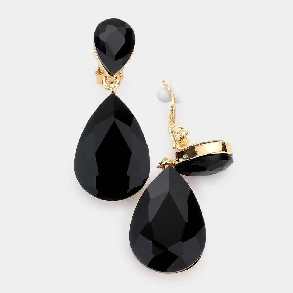 Little Girls Clip on Jet Black Teardrop Earrings