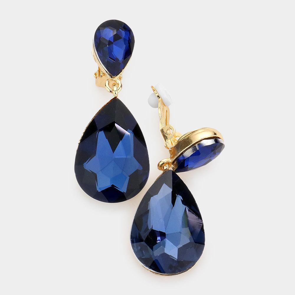 Little Girls Clip on Navy Teardrop Earrings