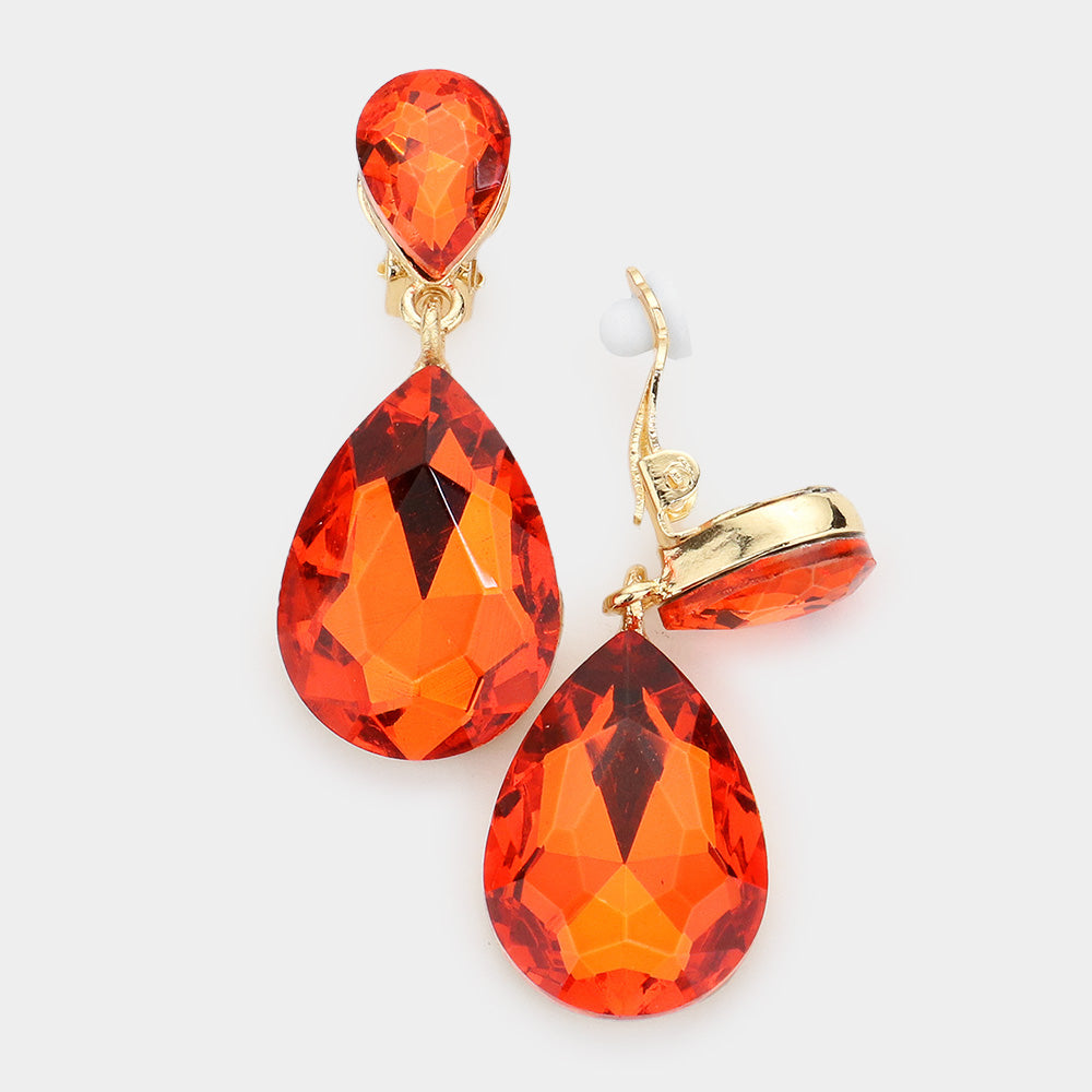 Little Girls Clip on Orange Teardrop Earrings