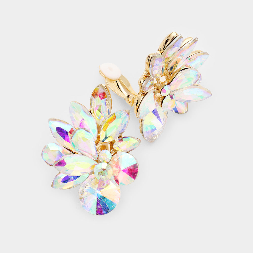 AB Crystal Leaf Clip On Stud Earrings on Gold