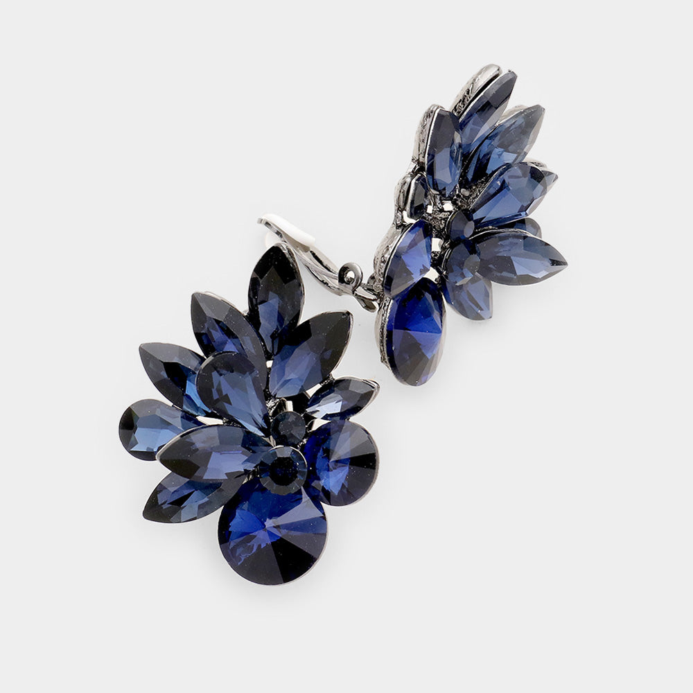 Navy Crystal Leaf Clip On Stud Earrings