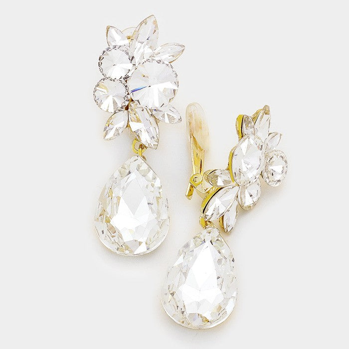 Clear Crystal Teardrop Clip On Earrings on Gold