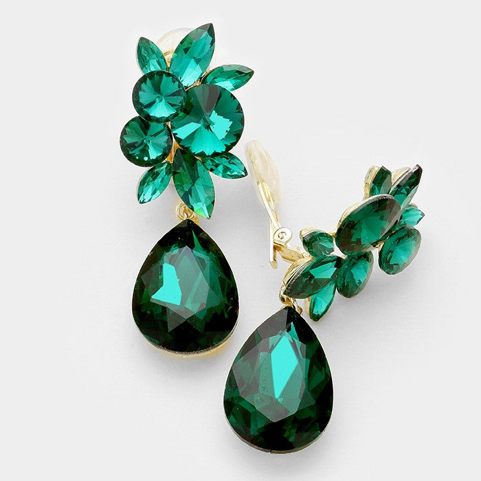 Emerald Crystal Teardrop Clip On Earrings on Gold