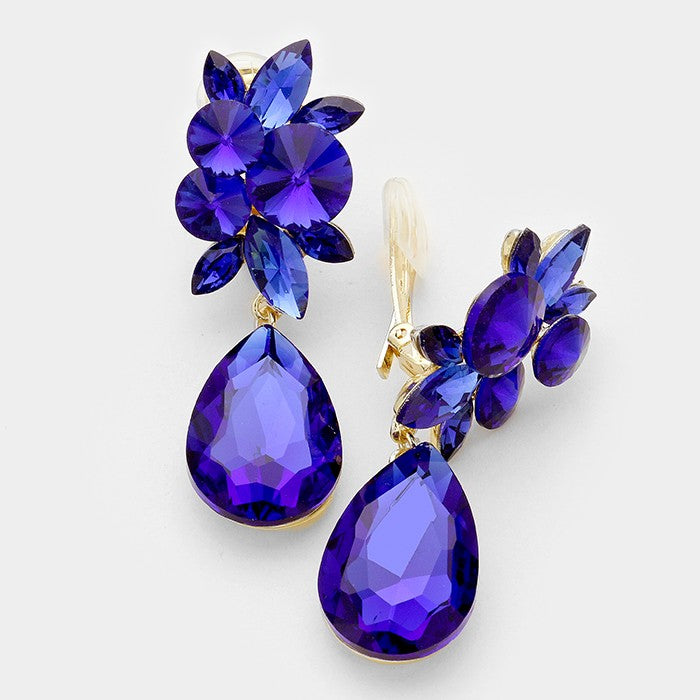 Sapphire Crystal Teardrop Clip On Earrings