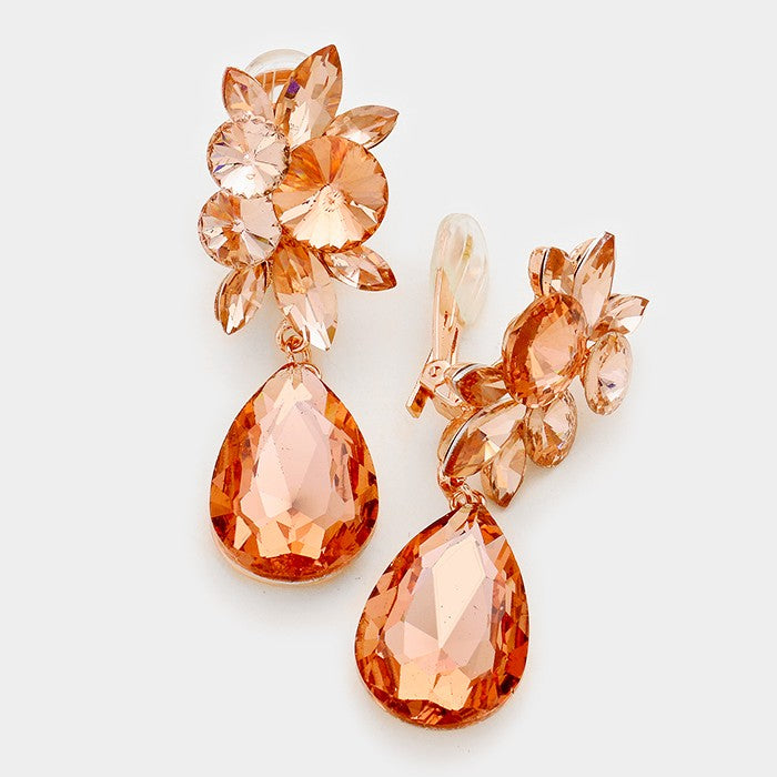 Peach Crystal Teardrop Clip On Earrings