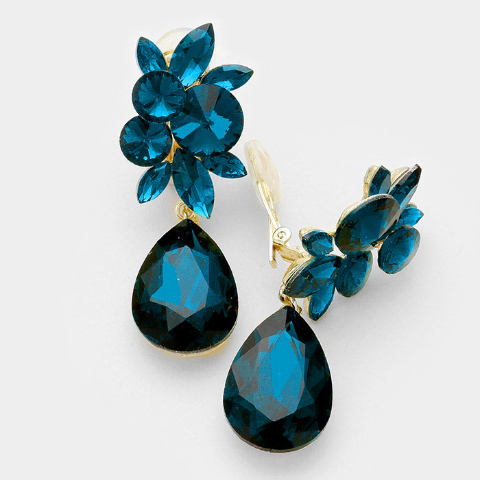 Teal Crystal Teardrop Clip On Earrings