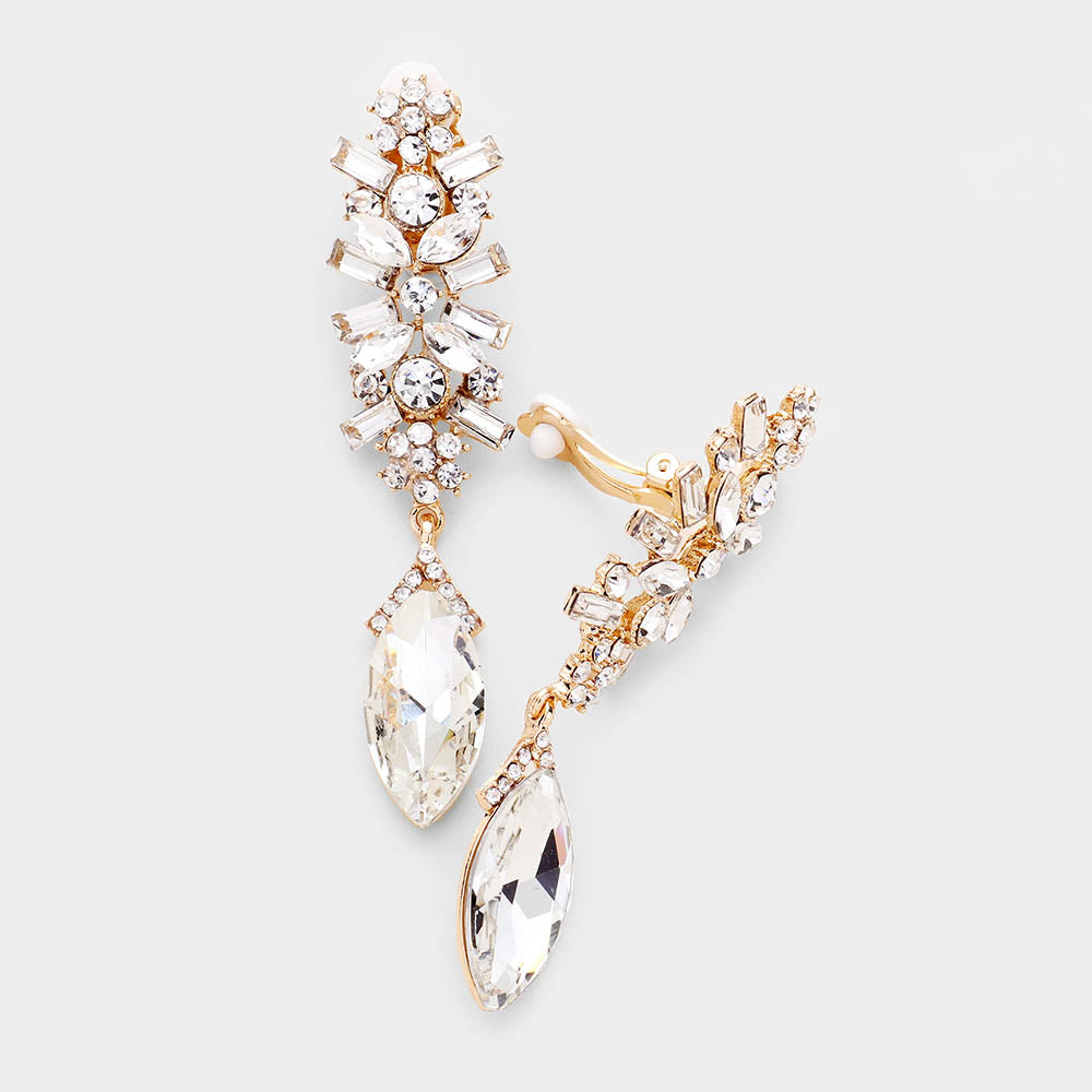 Slim Clear Crystal Rhinestone Pave Clip On Pageant Earrings on Gold