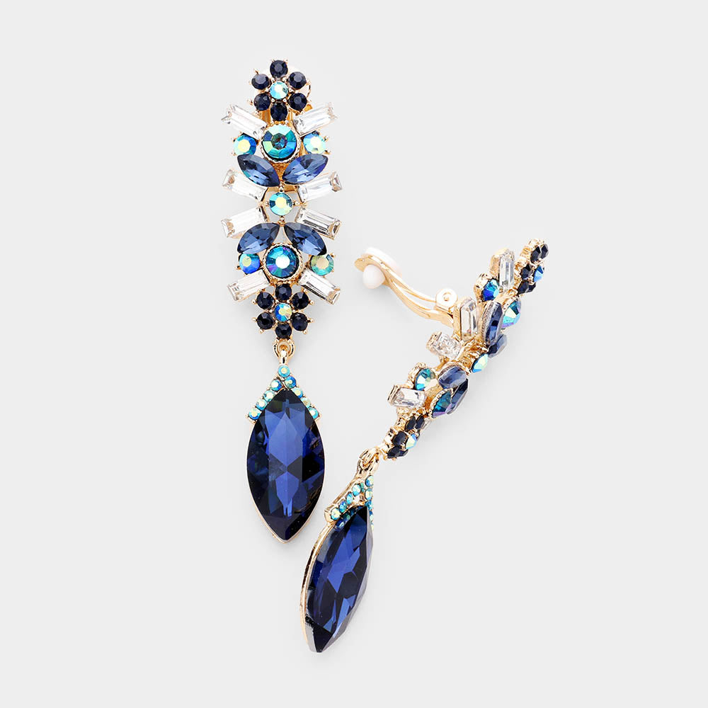 Slim Navy Crystal Rhinestone Pave Clip On Pageant Earrings