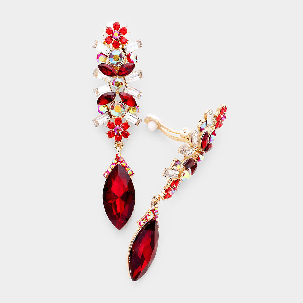 Slim Red Crystal Rhinestone Pave Clip On Pageant Earrings