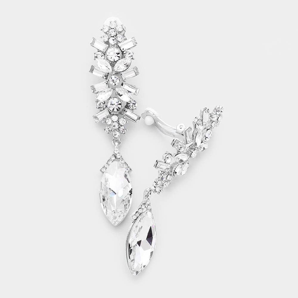 Slim Clear Crystal Rhinestone Pave Clip On Pageant Earrings