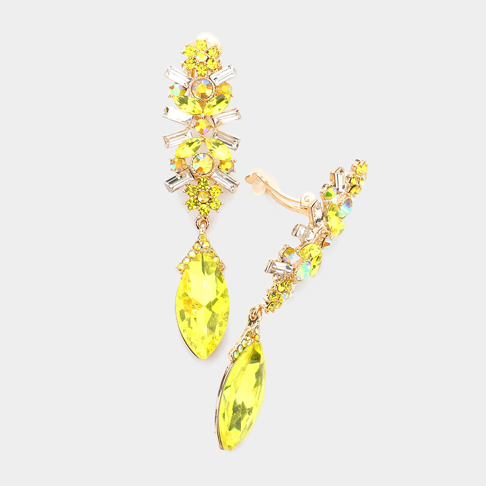 Slim Yellow Crystal Rhinestone Pave Clip On Pageant Earrings