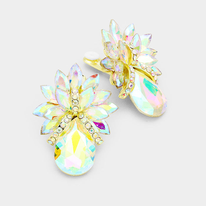 AB Crystal Petal Teardrop Clip On Pageant Earrings on Gold | Prom Earrings
