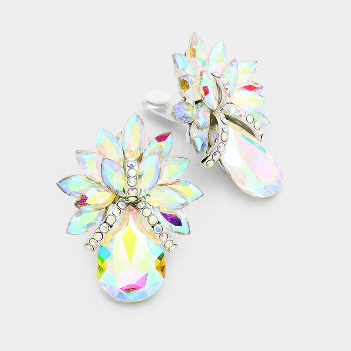 AB Crystal Petal Teardrop Clip On Pageant Earrings  | Prom Earrings 