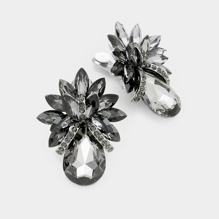 Black Diamond Crystal Petal Teardrop Clip On Pageant Earrings  | Prom Earrings