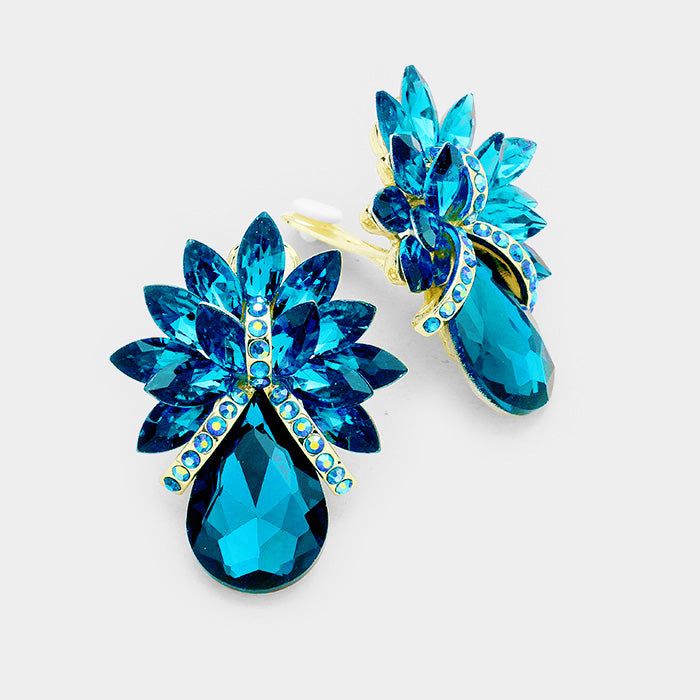 Teal Crystal Petal Teardrop Clip On Pageant Earrings  | Prom Earrings