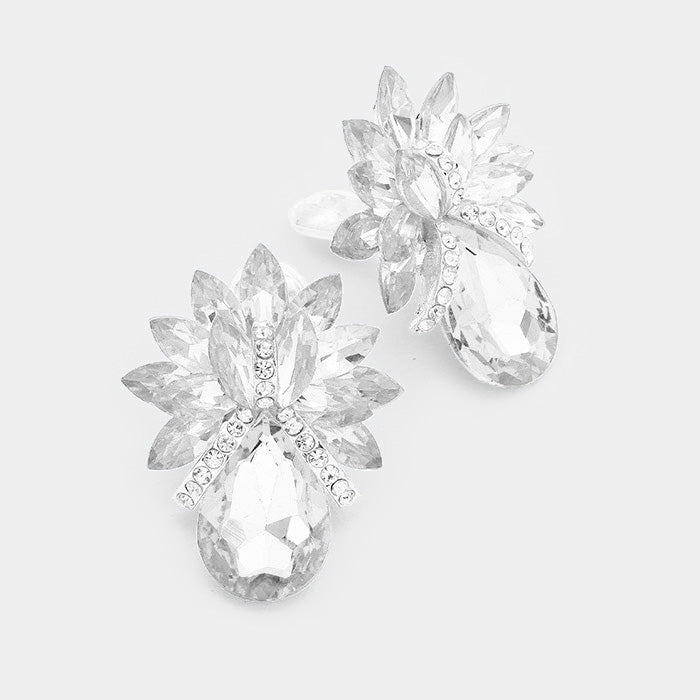 Clear Crystal Petal Teardrop Clip On Pageant Earrings  | Prom Earrings