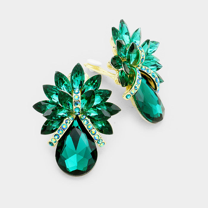 Emerald Crystal Petal Teardrop Clip On Pageant Earrings  | Prom Earrings
