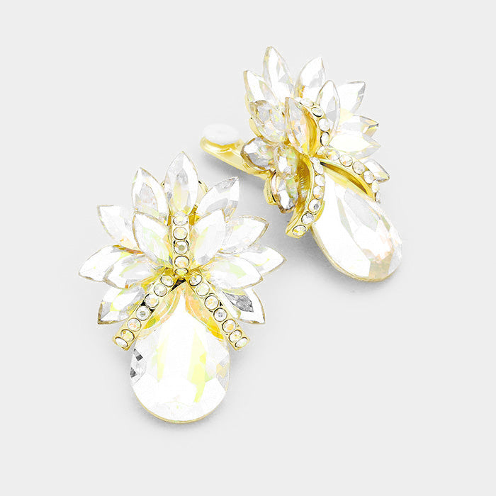 Clear Crystal Petal Teardrop Clip On Pageant Earrings on Gold | Prom Earrings 