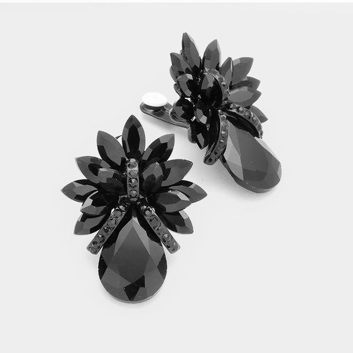 Jet Black Crystal Petal Teardrop Clip On Pageant Earrings  | Prom Earrings