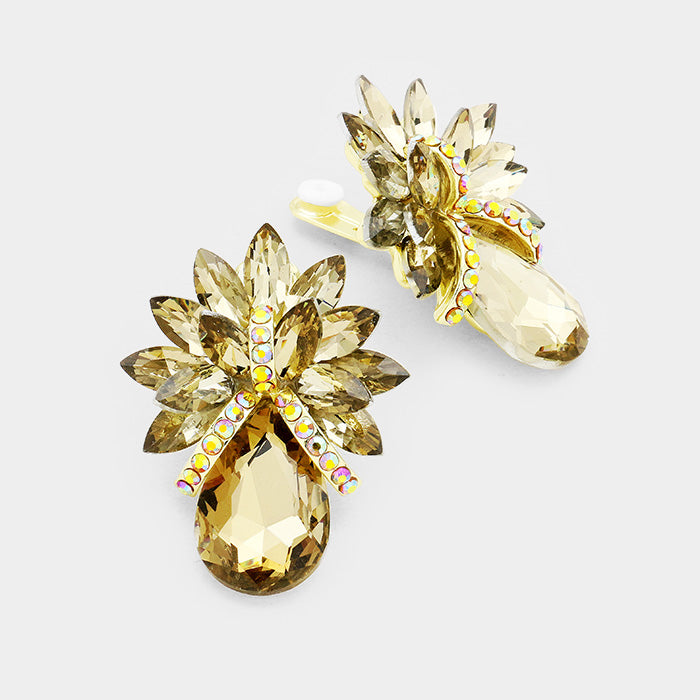 Light Topaz Crystal Petal Teardrop Clip On Pageant Earrings  | Prom Earrings