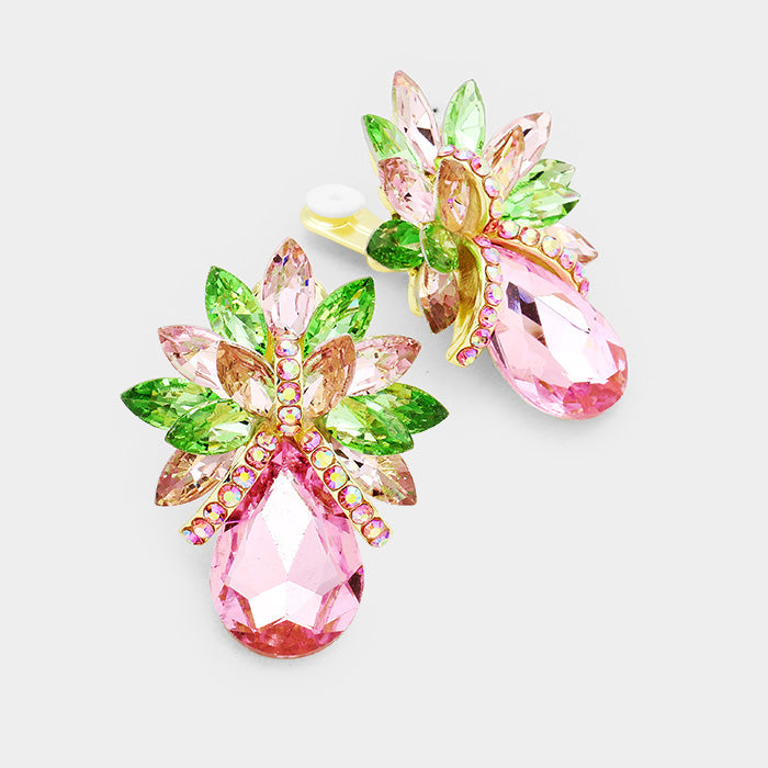 Pink & Green Crystal Petal Teardrop Clip On Pageant Earrings  | Prom Earrings