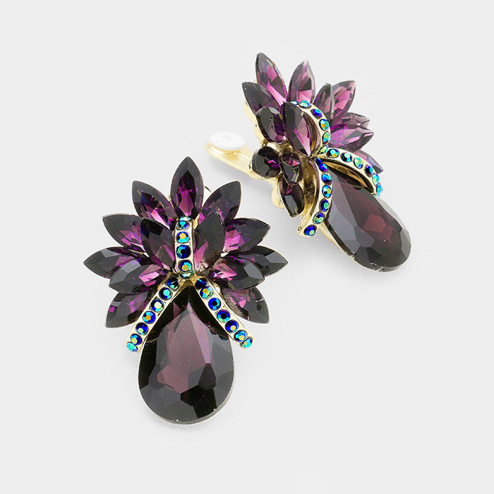 Purple Crystal Petal Teardrop Clip On Pageant Earrings  | Prom Earrings