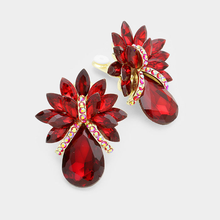 Red Crystal Petal Teardrop Clip On Pageant Earrings  | Prom Earrings