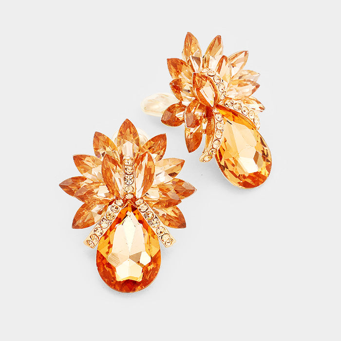 Peach Crystal Petal Teardrop Clip On Pageant Earrings  | Prom Earrings
