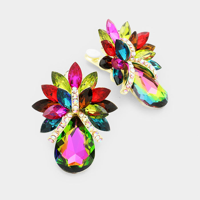 Multi-Color Crystal Petal Teardrop Clip On Pageant Earrings  | Prom Earrings 