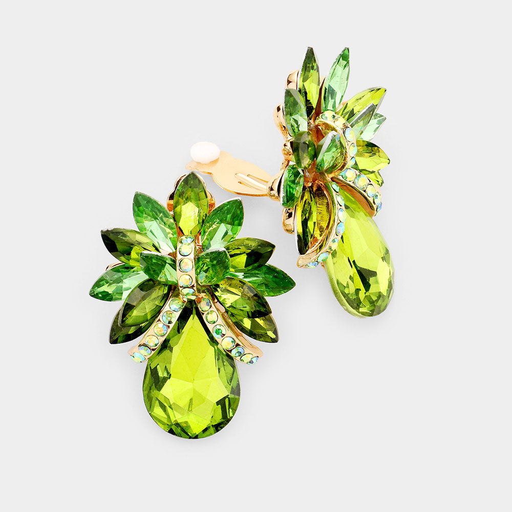 Green Crystal Petal Teardrop Clip On Pageant Earrings on Gold | Prom Earrings