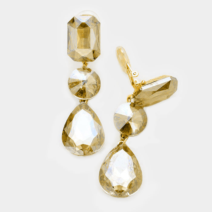 Topaz Crystal Triple Drop Geometric Shape Pageant Clip-on Earrings | Prom Earrings | 249183