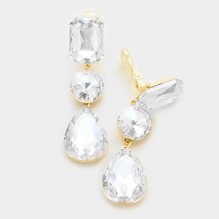 Clear Crystal Triple Drop Geometric Shape Clip On Pageant Earrings on Gold  | Prom Earrings | 249187