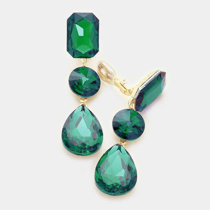 Emerald Crystal Triple Drop Geometric Shape Pageant Earrings | Prom Earrings