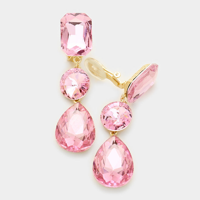 Pink Crystal Triple Drop Geometric Shape Pageant Earrings | Prom Earrings