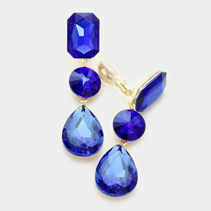 Sapphire Crystal Triple Drop Geometric Shape Pageant Earrings on Gold | Prom Earrings
