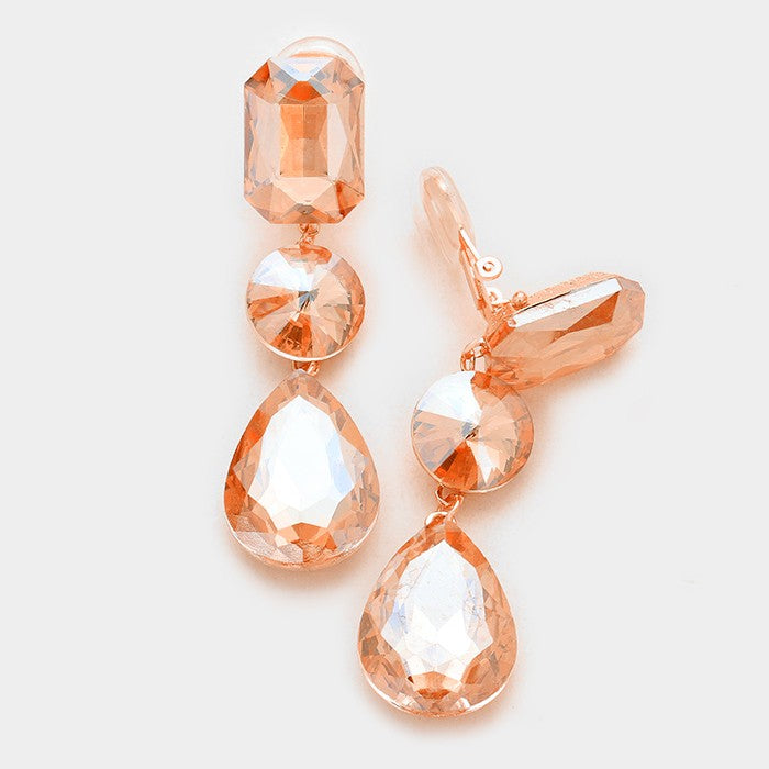 Peach Crystal Triple Drop Geometric Shape Pageant Earrings | Prom Earrings