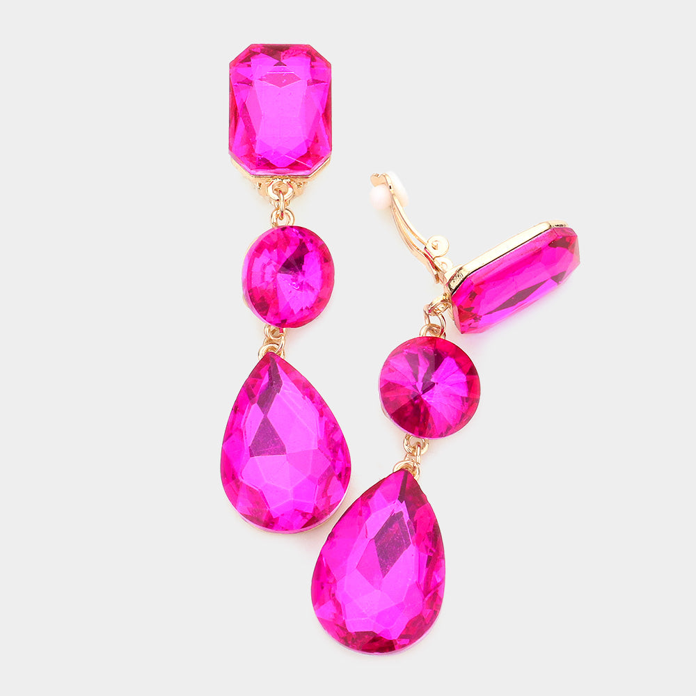 Fuchsia Crystal Triple Drop Geometric Shape Pageant Earrings | Prom Earrings | 556765