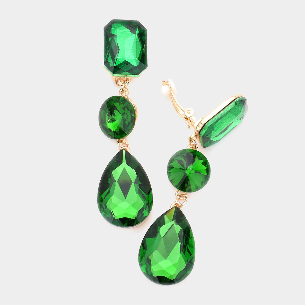Green Crystal Triple Drop Geometric Shape Clip On Pageant Earrings