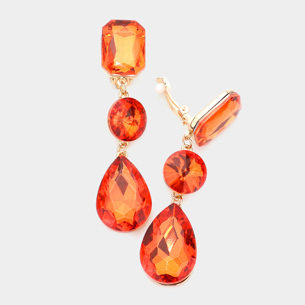 Orange Crystal Triple Drop Geometric Shape Pageant Earrings | Prom Earrings