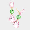 Pink & Green Crystal Triple Drop Geometric Shape Pageant Earrings | Prom Earrings