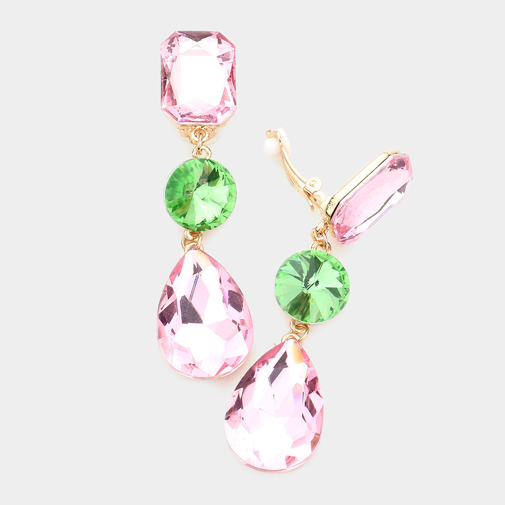 Pink & Green Crystal Triple Drop Geometric Shape Pageant Earrings | Prom Earrings