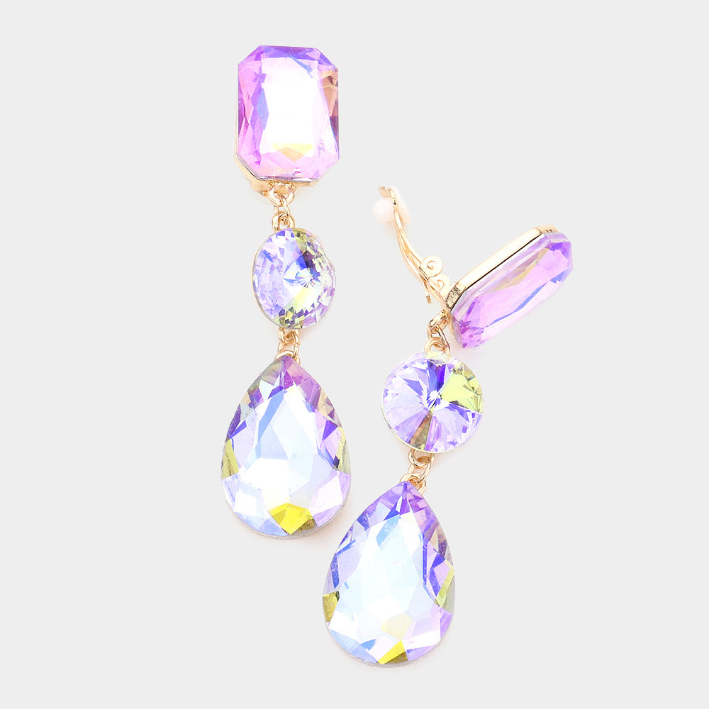 Violet Crystal Triple Drop Geometric Shape Pageant Earrings | Prom Earrings