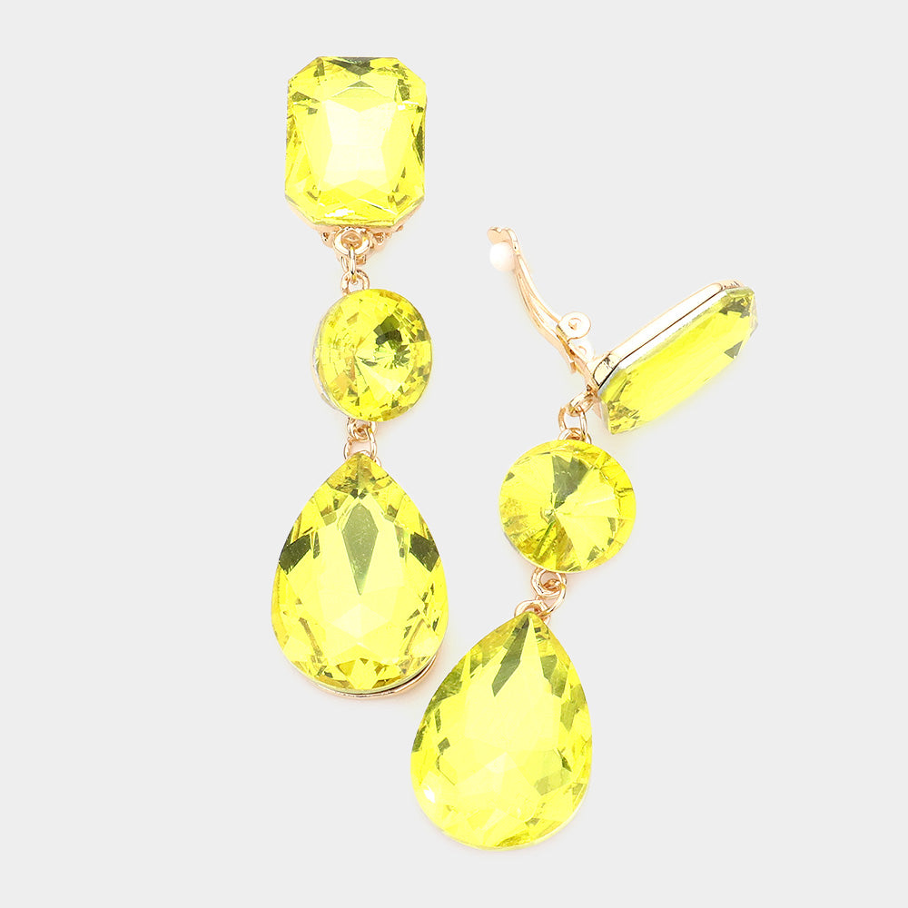 Yellow Crystal Triple Drop Geometric Shape Pageant Earrings | Prom Earrings