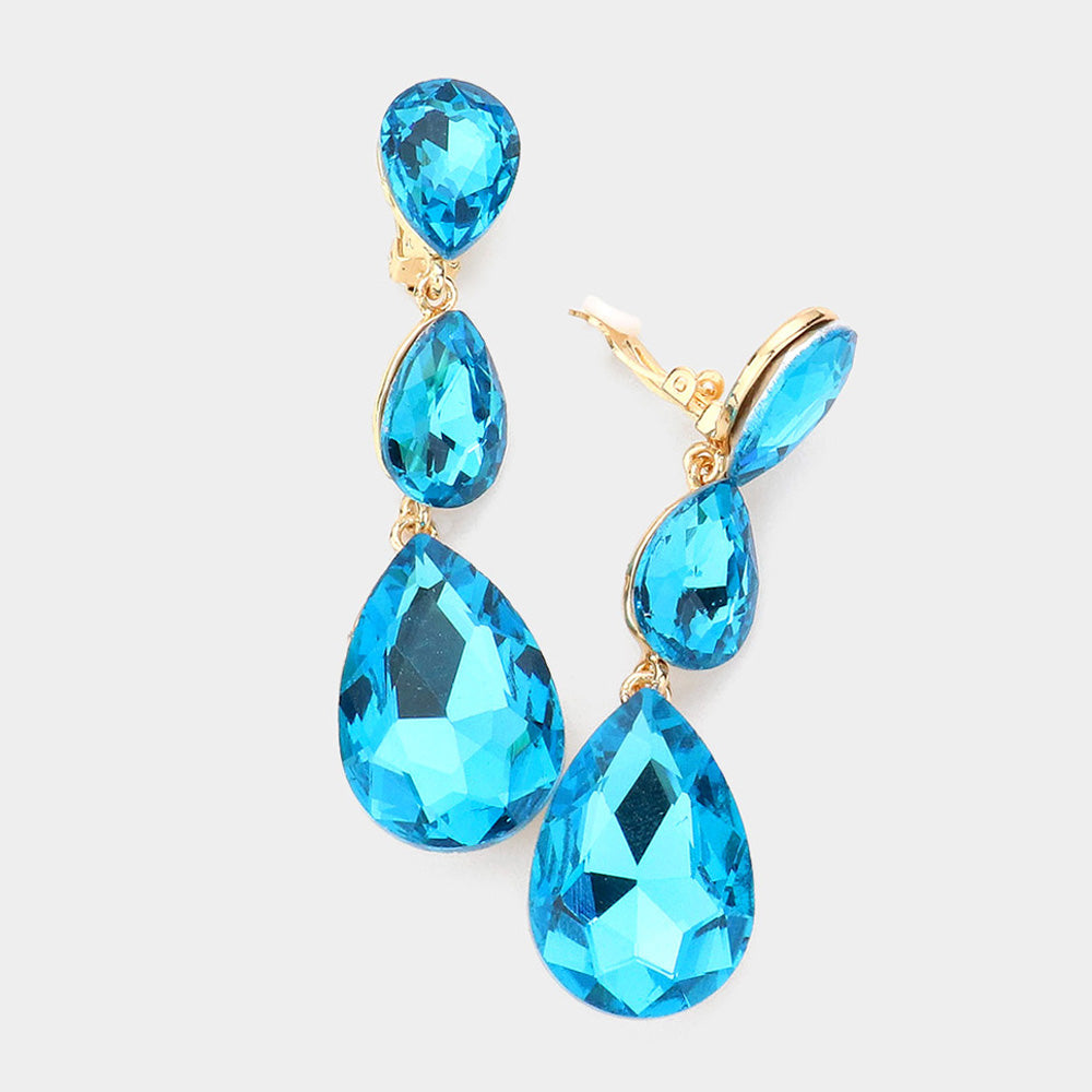 Aqua Crystal Triple Teardrop Clip-on Pageant Earrings