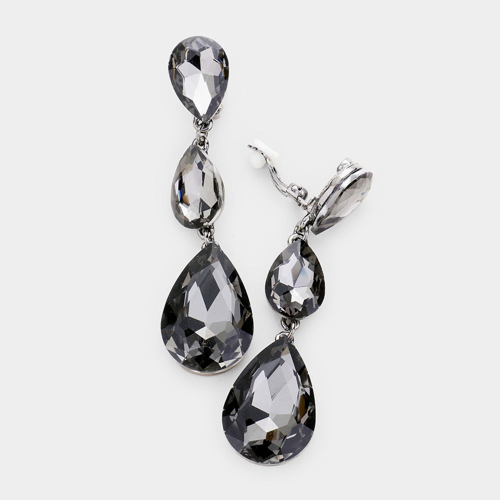 Black Diamond Crystal Triple Teardrop Clip-on Pageant Earrings